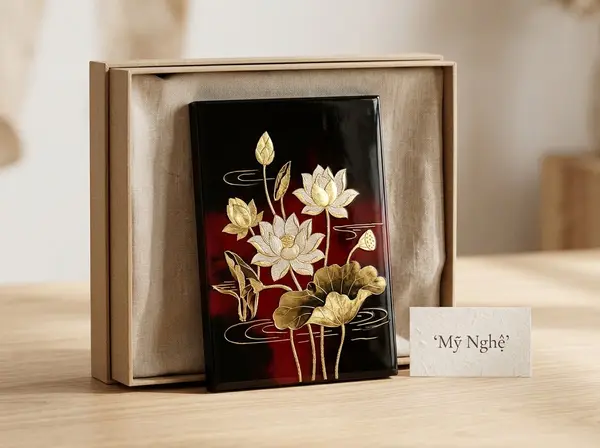 Ảnh sản phẩm tranh sơn mài hoa sen kèm hộp quà