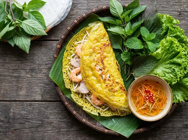 Bánh xèo miền Tây giòn rụm trên mẹt tre