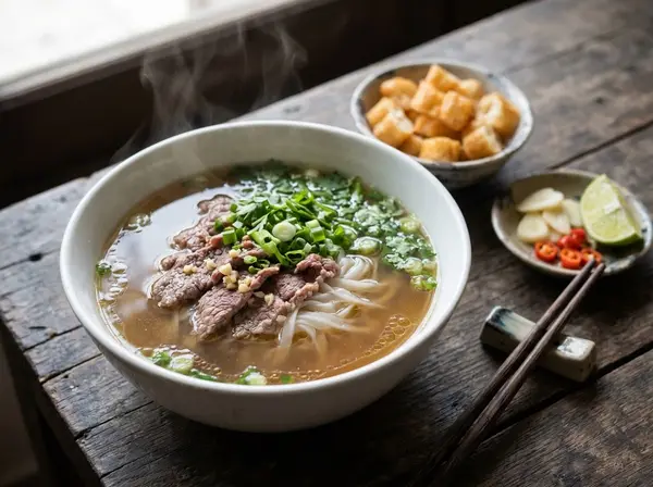 Bát phở bò tái lăn Hà Nội buổi sớm bên cửa sổ