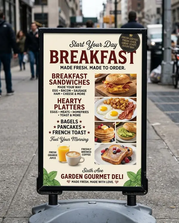 Biển menu bữa sáng phong cách cổ điển trên vỉa hè
