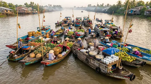 Bình minh trên chợ nổi Cái Răng Cần Thơ