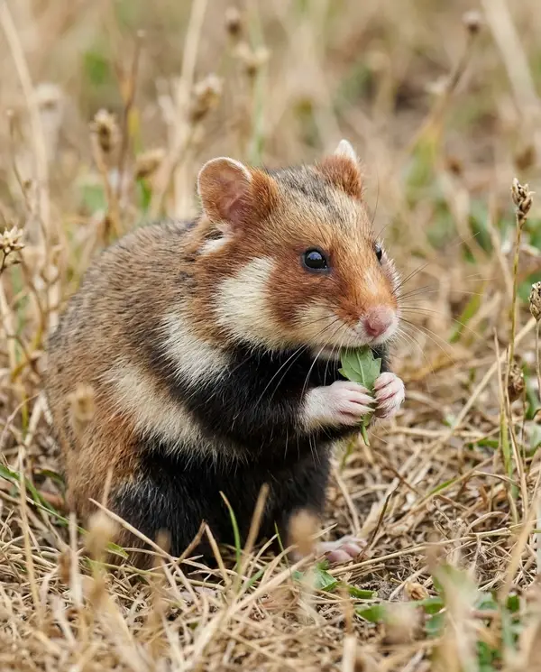 Chuột hamster châu Âu gặm lá giữa đồng cỏ
