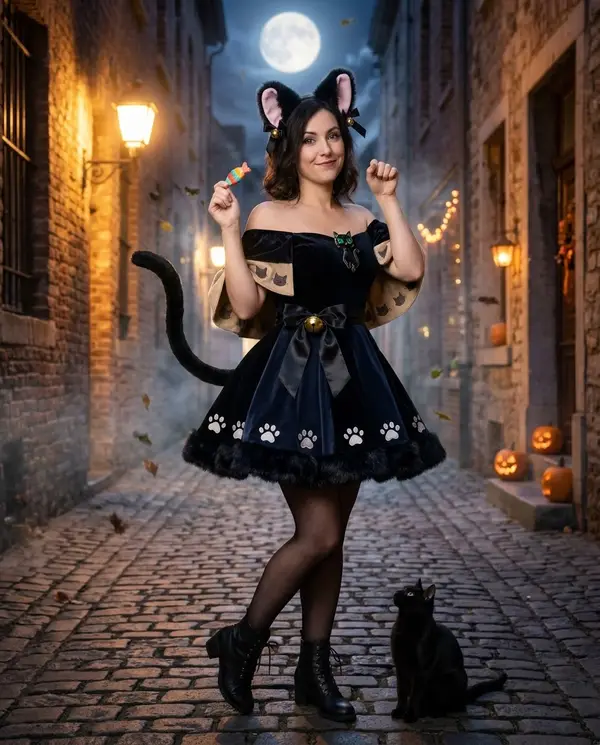 Cô gái hóa trang mèo đen đêm Halloween