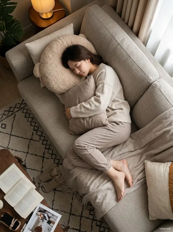 Góc chụp từ trên cao người ngủ trên sofa ấm cúng