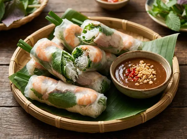 Gỏi cuốn tôm thịt tươi ngon trên mẹt tre