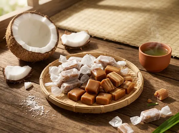 Kẹo dừa Bến Tre truyền thống trên mẹt tre