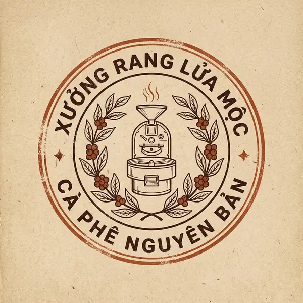 Logo con dấu cổ điển xưởng rang cà phê Lửa Mộc