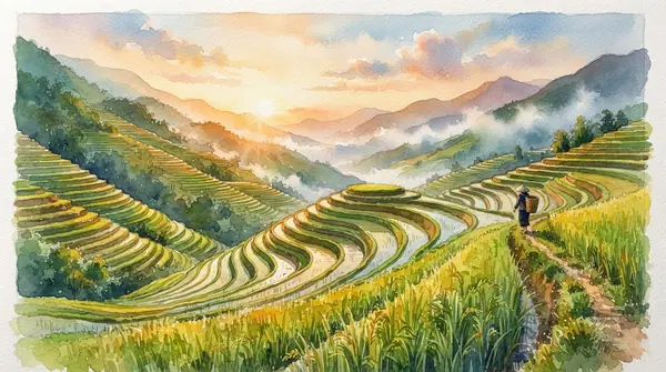 Ruộng bậc thang Mù Cang Chải trong chiều hoàng hôn