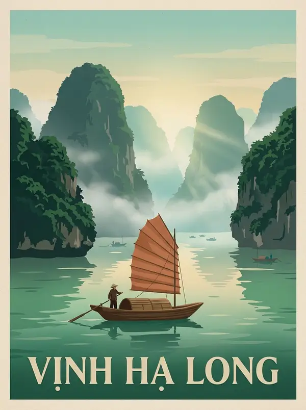 Sương sớm Vịnh Hạ Long trên áp phích cổ điển