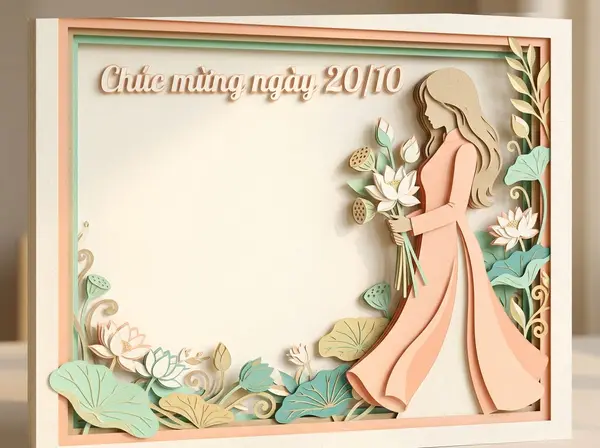 Thiệp giấy cắt 3D áo dài hoa sen chúc mừng 20/10