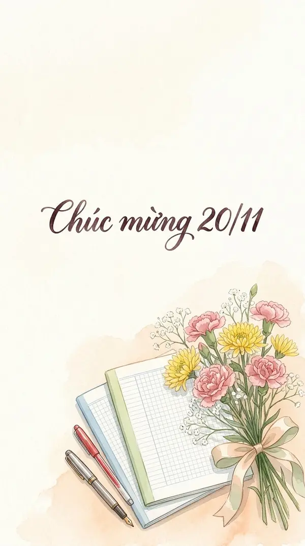 Thiệp màu nước chúc mừng 20/11 hoa và sách vở