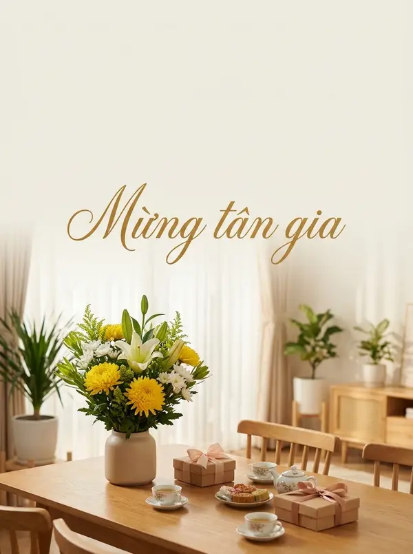 Thiệp mừng tân gia hoa tươi và bàn tiệc ấm cúng
