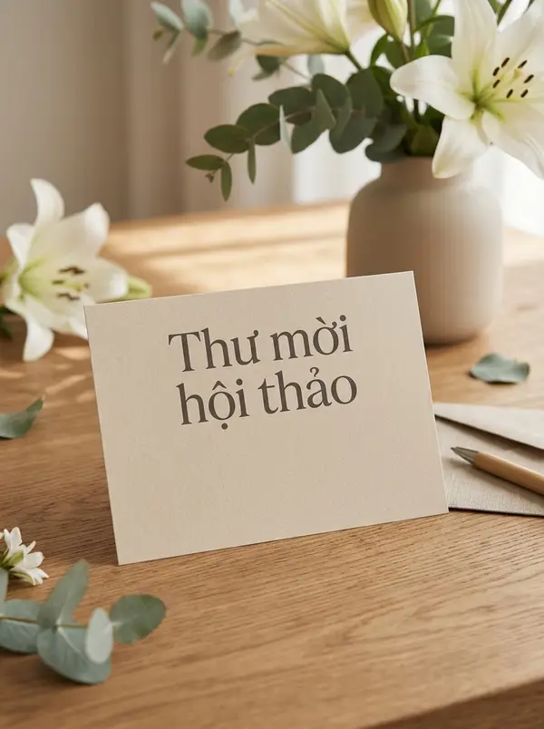 Thư mời hội thảo trang nhã trên bàn gỗ hoa tươi