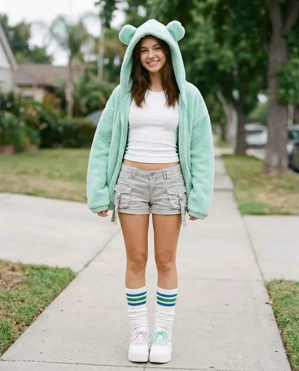 Trang phục áo hoodie tai gấu xanh bạc hà năng động