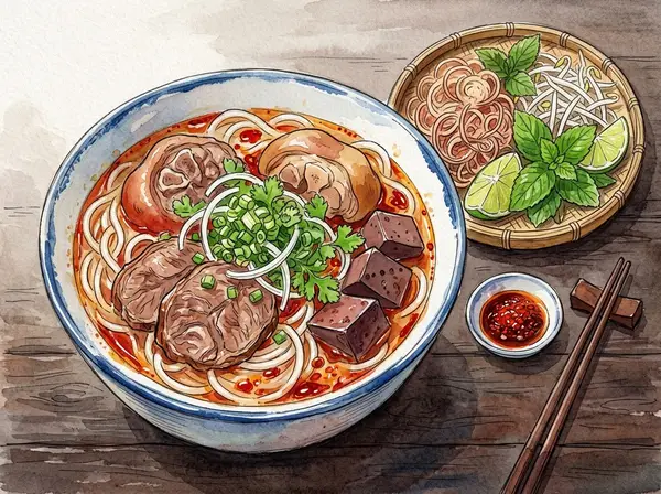 Tranh màu nước tô bún bò Huế đậm đà